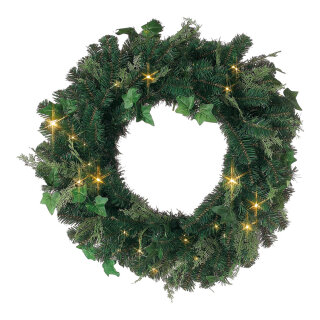 Fir wreath,  PVC/textile, with ivy+cypress, warm white light, Size:;Ø 70cm, Color:green