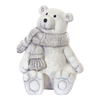 Icebear with scarf  - Material: sitting polyresin slightly covered with glimmer - Color: white - Size: 35x30x30cm