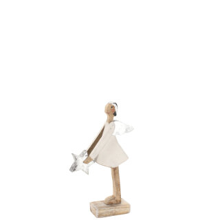 Holz Dame Marie, mit Stern+Flügel in silber, Höhe 24cm, Länge 15cm, Breite 5cm, weiß+silber