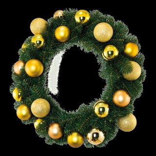 Pine wreath decorated w. different kinds of baubles - Material: 260 PVC-tips - Color: green/gold - Size: &Oslash;90cm