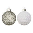 Glass balls with diamond cut &amp; artificial leather hanger - Material: 2 colours assorted - Color: white/grey - Size: &Oslash; 8cm