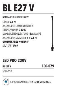 BL E27-05, 0.5m Easy Joint 1 x E27 lamp holder, white rubber cable, 230V