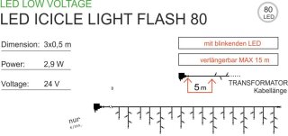 Verlängerung zu 504-003 - Eiszapfen mit Blinklämpchen koppelbar ICICLE LIGHT FLASH 80 EXTRA, weiß, 3x0,5m    --> ab 5,00 Euro