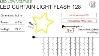 Lichtvorhang mit Blinkl&auml;mpchen koppelbar CURTAIN LIGHT FLASH 128, wei&szlig;, MIT TRAFO, 1m lang, 2m breit (erweiterbar mit 505-023)    --&gt; Licht