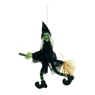 Witch on broom, legs are moving, speaks+laughs, eyes blink red, Size:;70x45cm, Color:black/green